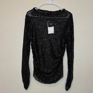 Zara Festive Days Black Mesh Sequin Long Sleeve Top Size L Party Holiday Club